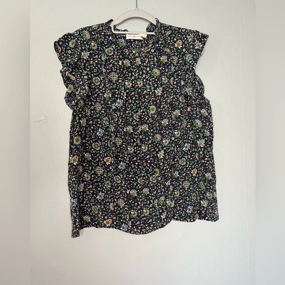 Tory Burch blue floral print silk blouse whimsical fairy dainty short sleeve